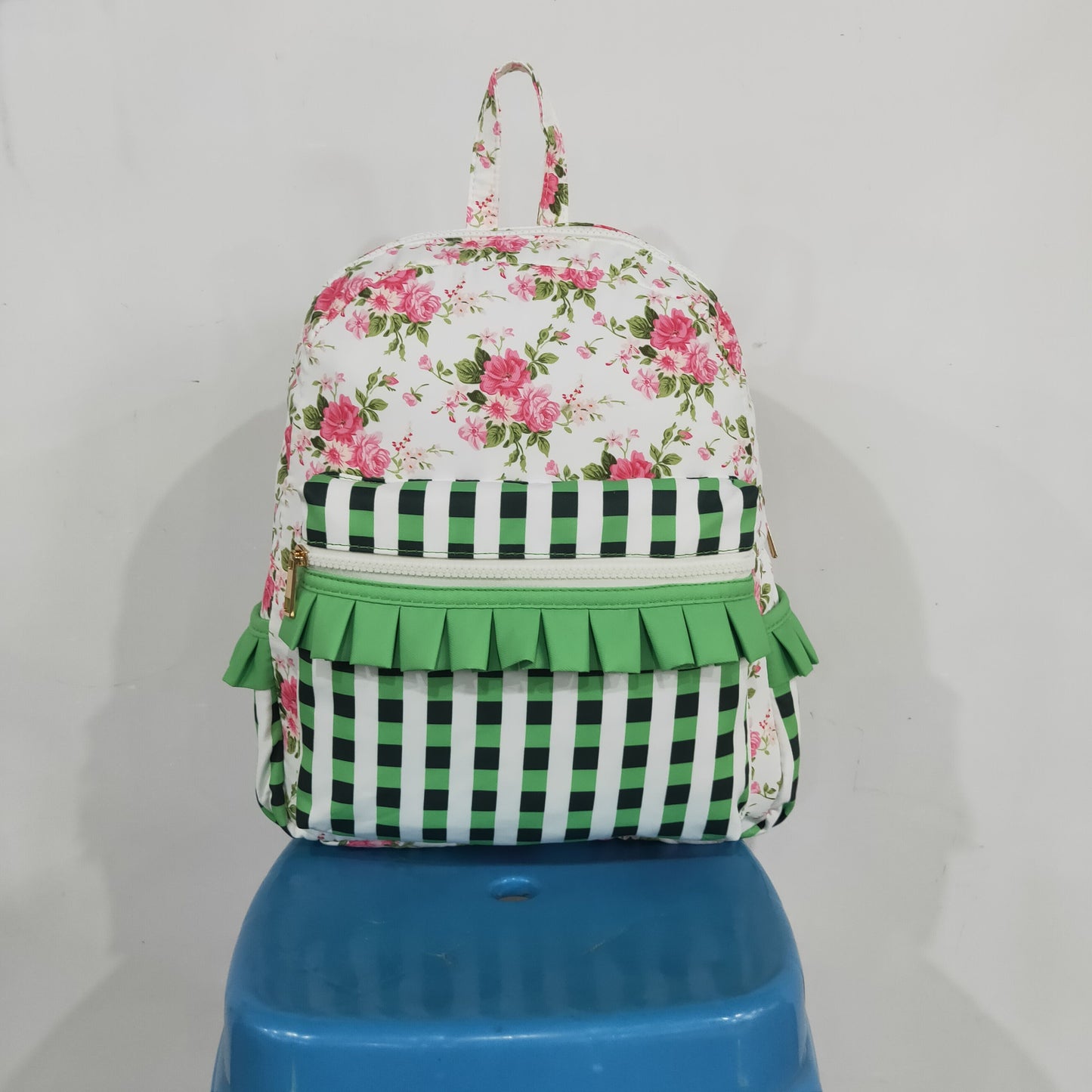 Baby Girls Green Checkered Flowers Backpack School Zip Bags