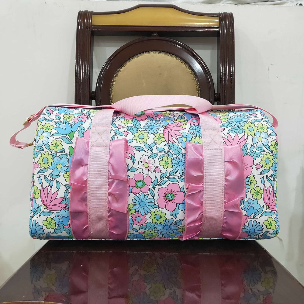 Pink Ruffle Blue Floral Print Gym Duffle Bags