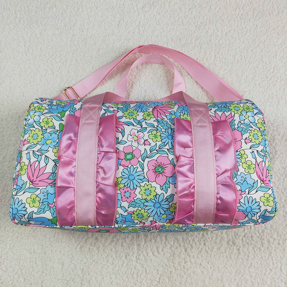Pink Ruffle Blue Floral Print Gym Duffle Bags