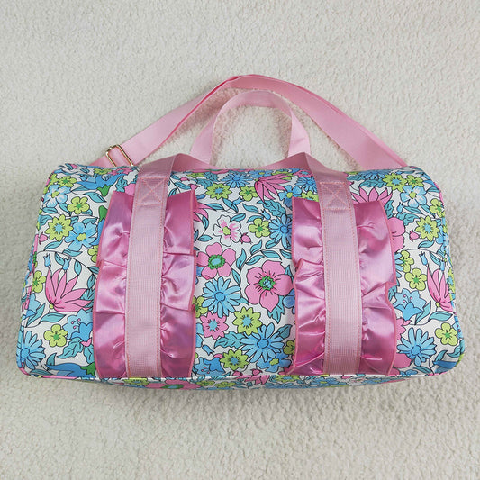 Pink Ruffle Blue Floral Print Gym Duffle Bags