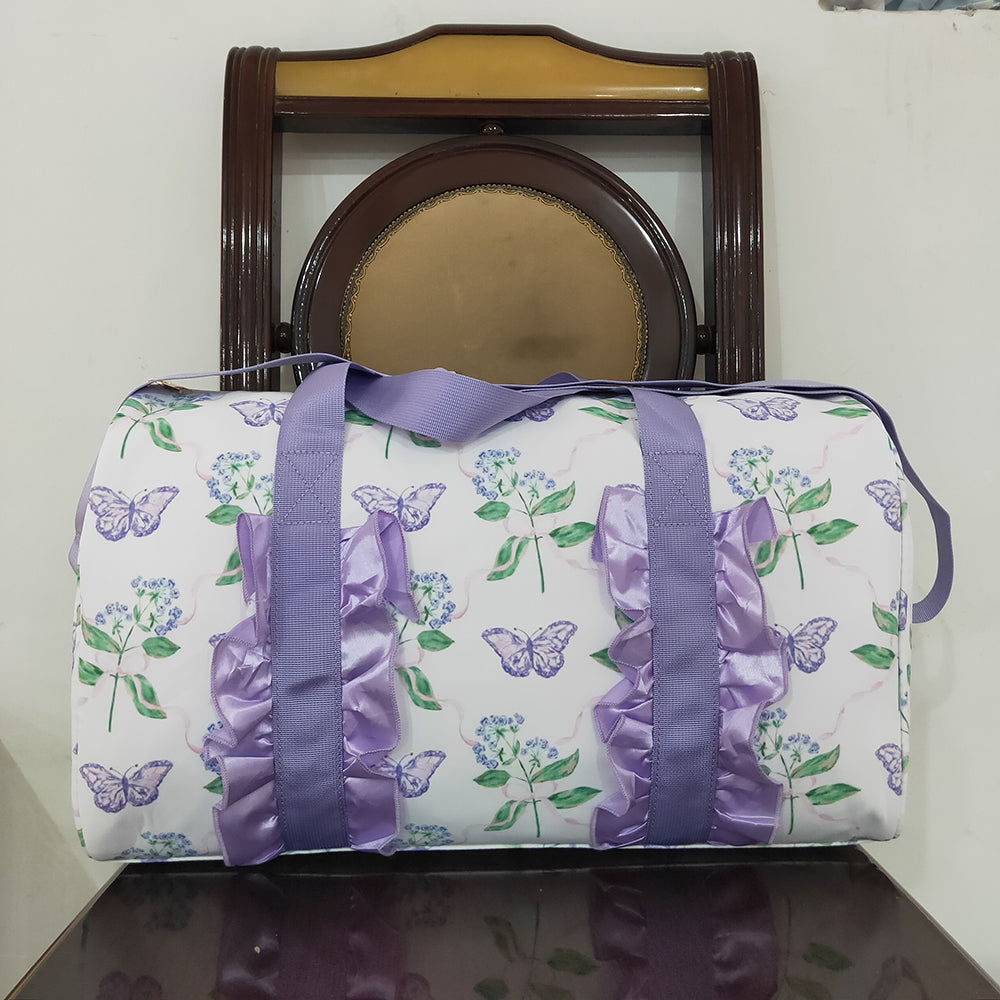 Lavender Ruffle Butterfly Floral Print Gym Duffle Bags
