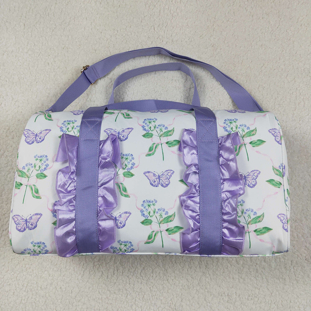 Lavender Ruffle Butterfly Floral Print Gym Duffle Bags