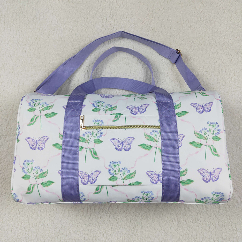 Lavender Ruffle Butterfly Floral Print Gym Duffle Bags