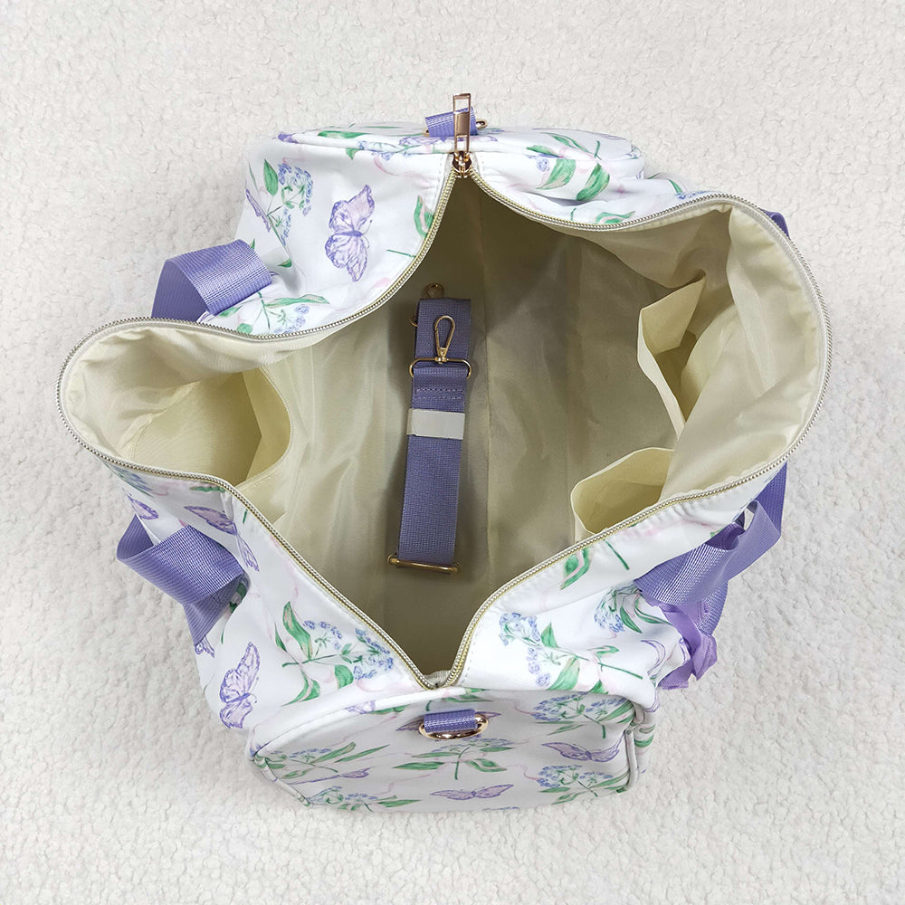 Lavender Ruffle Butterfly Floral Print Gym Duffle Bags