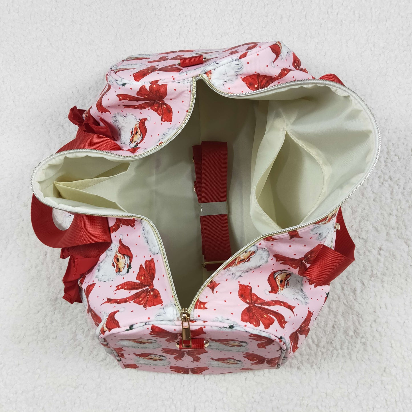 Christmas Red Ruffle Bows Santa Print Zipper Gym Bags