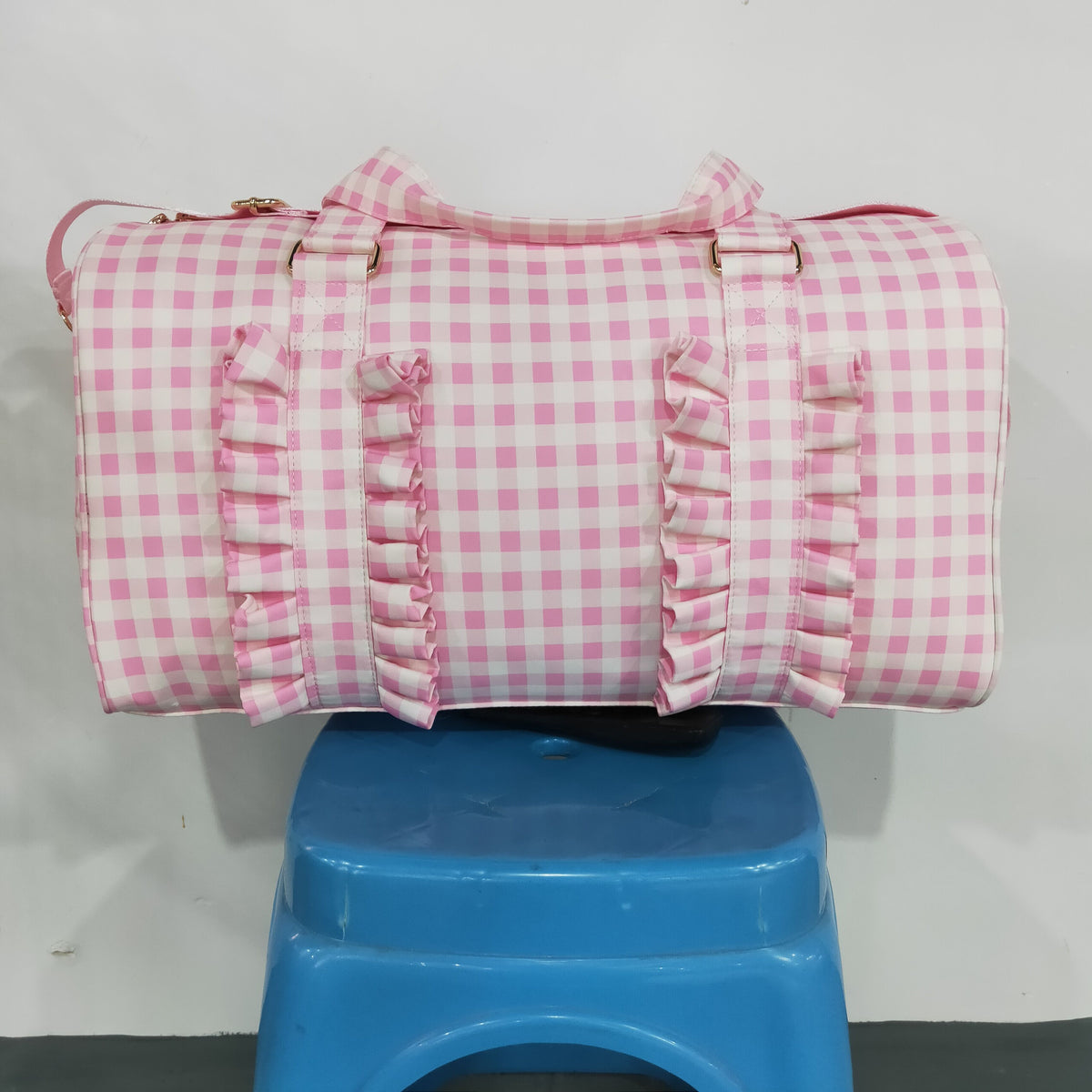 Adult Women Pink Checked Print Zipper Gym Bags