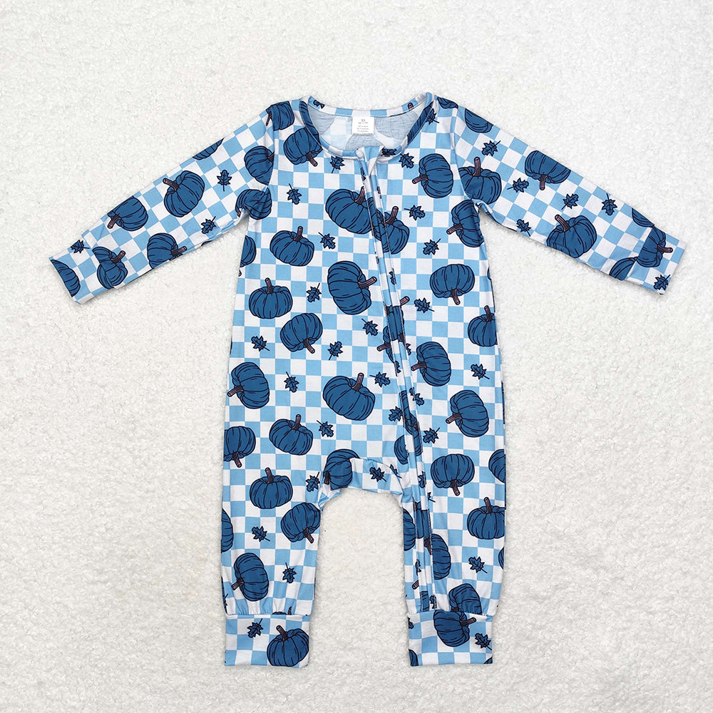 Baby Infant Boys Blue Checkered Pumpkins Bamboo Zip Rompers