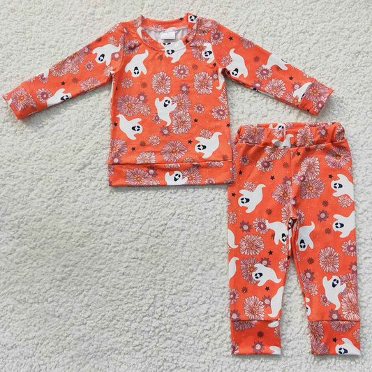 Baby Girls Halloween Ghost Orange Flowers Long Sleeve Tee Top Pants Clothes Sets