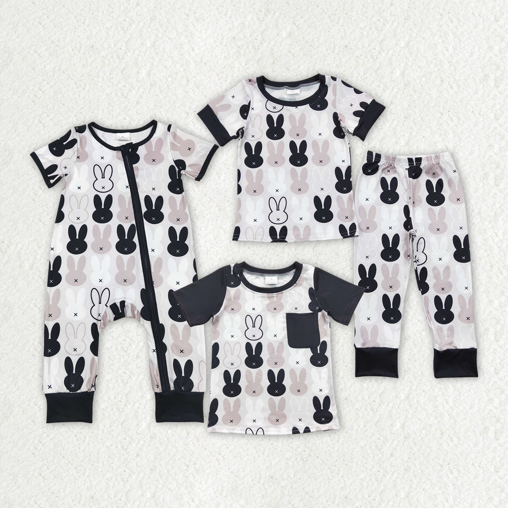 Sibling Baby Boys Easter Black Rabbits Short Sleeve Rompers Shirts Suits