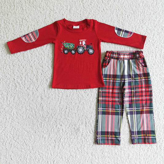 Sibling Boys Girls Tractors Plaid Pants Christmas Tree Outfits Sets