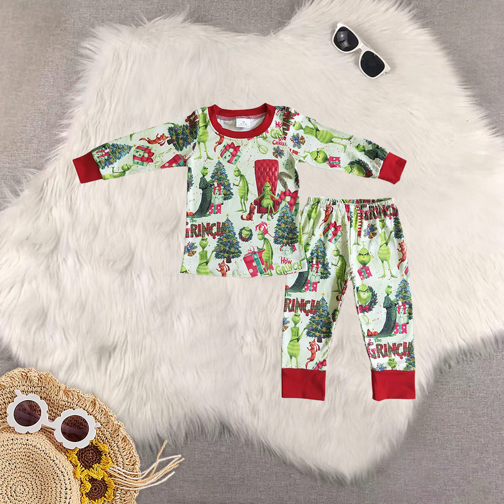 Sibling Baby Kids Green Face Trees Top Pant Pajamas Sets