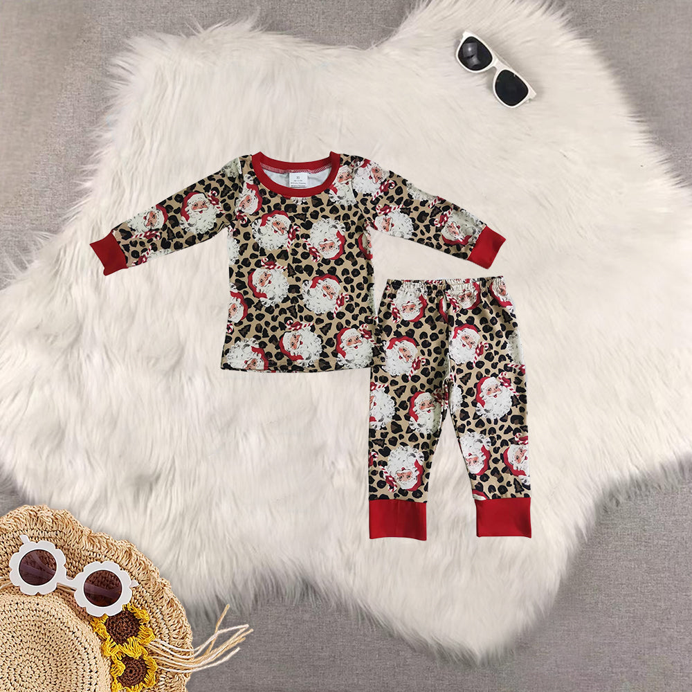 Sibling Baby Kids Christmas Santa Leopard Top Pant Pajamas Clothes Sets