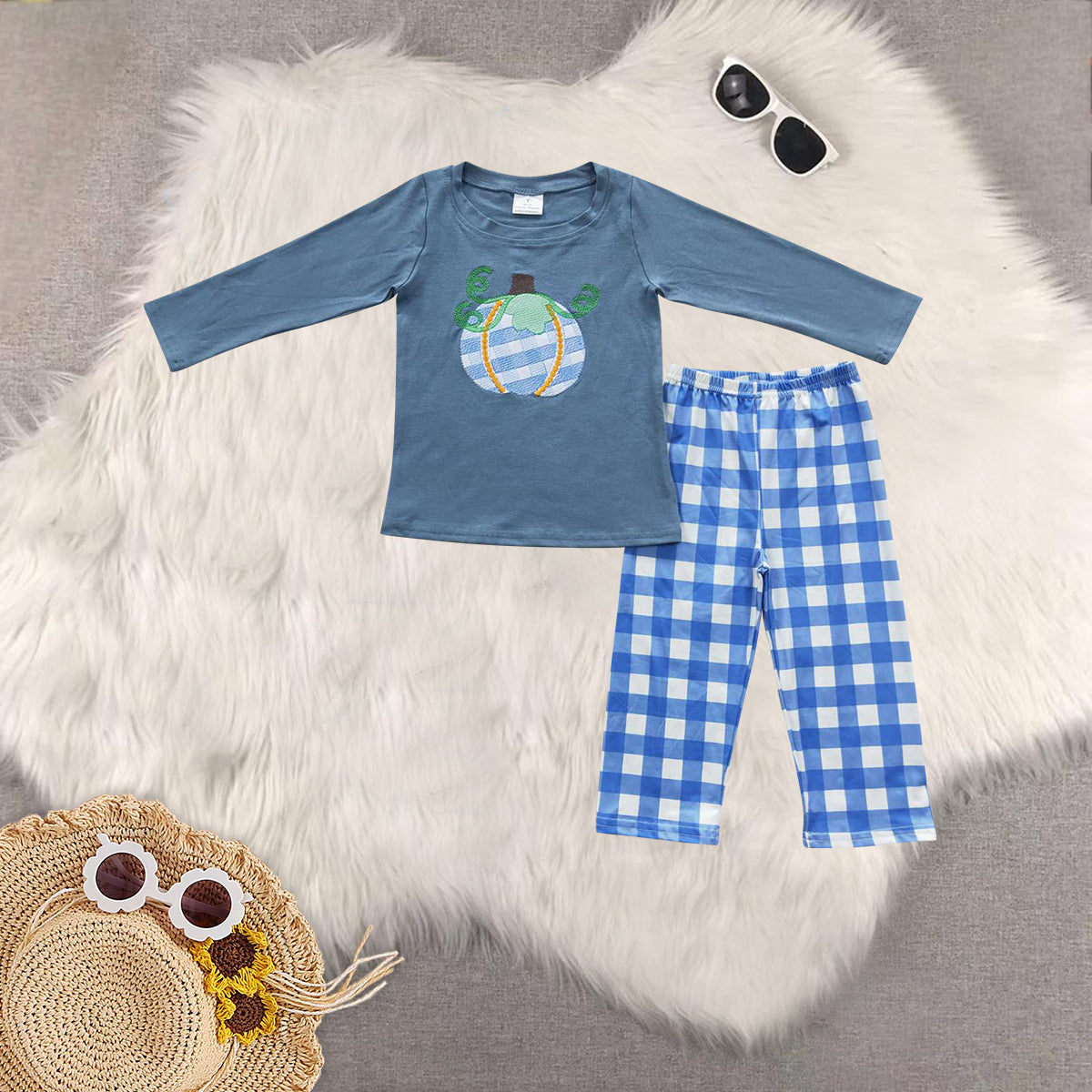 Sibling Baby Kids Blue Long Sleeves Pumpkin Fall Pants Clothes Sets Rompers