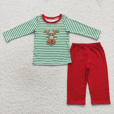 Sibling Baby Kids Christmas Embroidery Deer Stripe Clothes Sets Rompers Dresses
