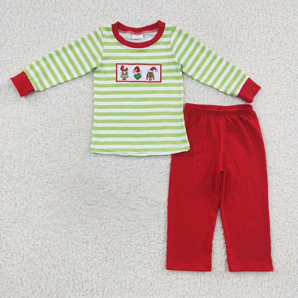 Sibling Baby Boys Girls Embroidery Green Faces Pants Christmas Clothes Sets Footie Rompers