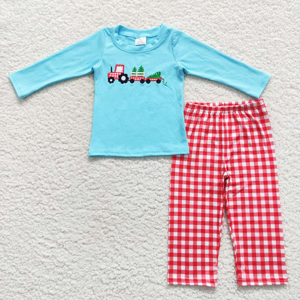 Sibling Boys Girls Christmas Tree Tractor Outfits Rompers Clothing Sets