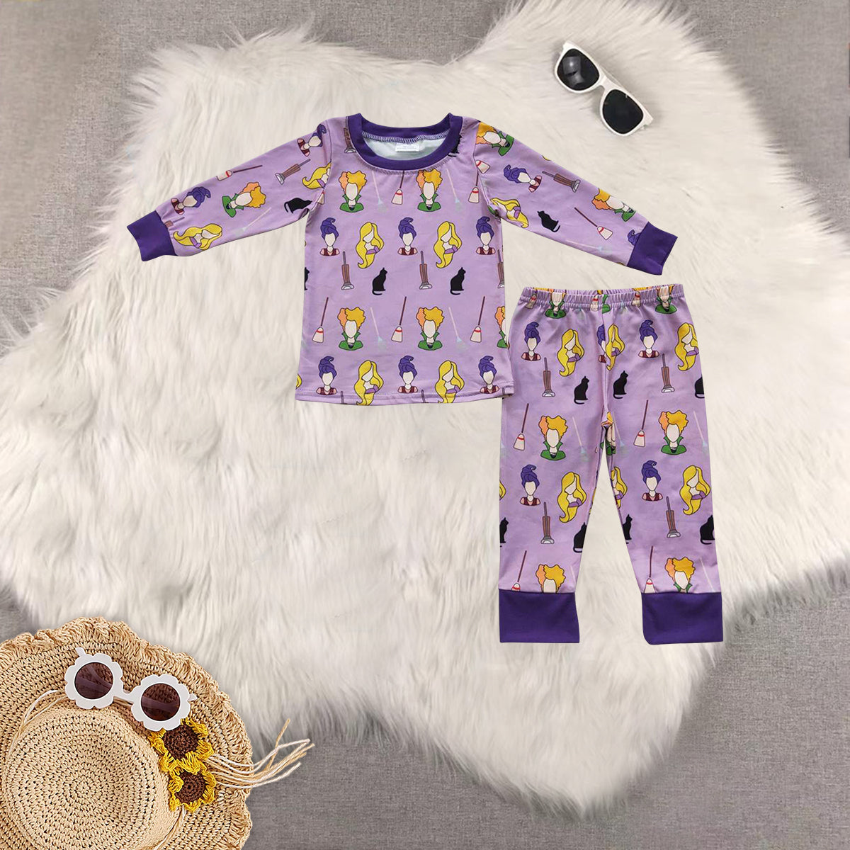 Sibling Baby Girls Halloween Purple Witches Pajamas Clothes Sets Romper