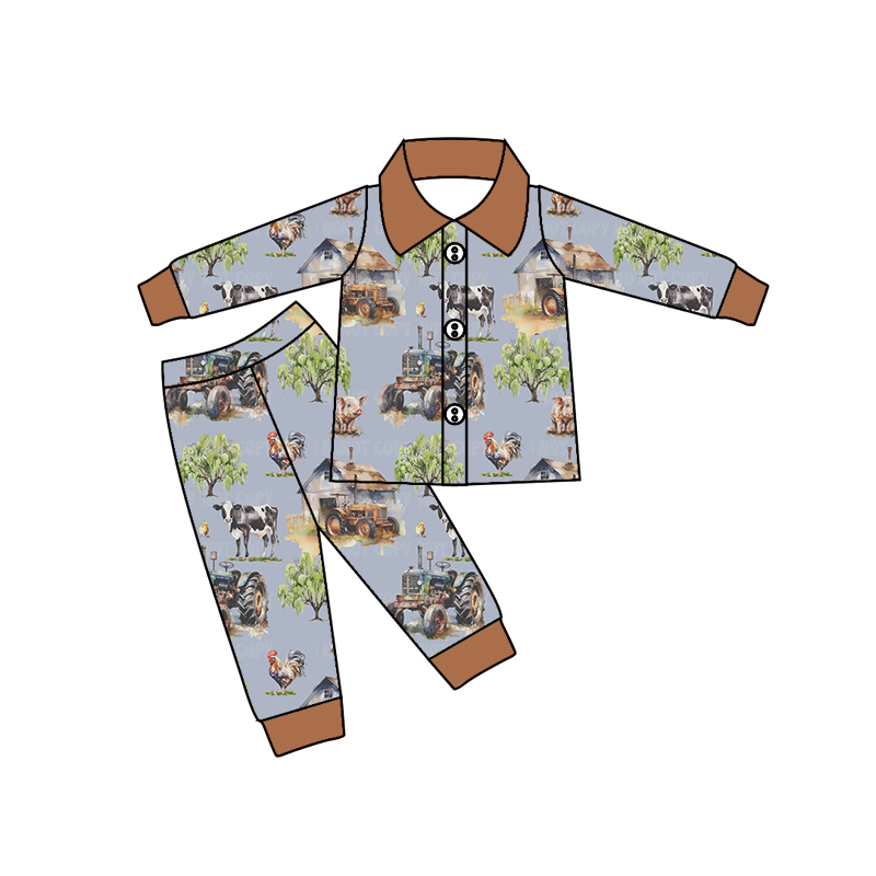 Baby Boys Farm Blue Color Button Ups 2pcs Pajamas Clothes Sets preorder