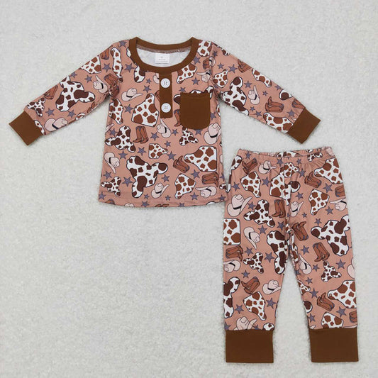 Baby Boys Western Brown Cow Tags Pajamas Clothing Sets