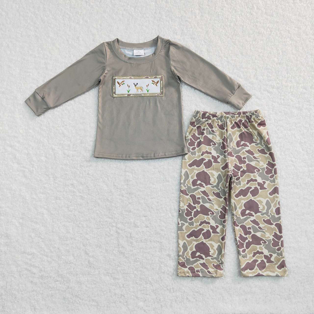 Sibling Baby Boys Embroidery Deer Ducks Top Khaki Camo Pants Hunting Clothes Sets Rompers