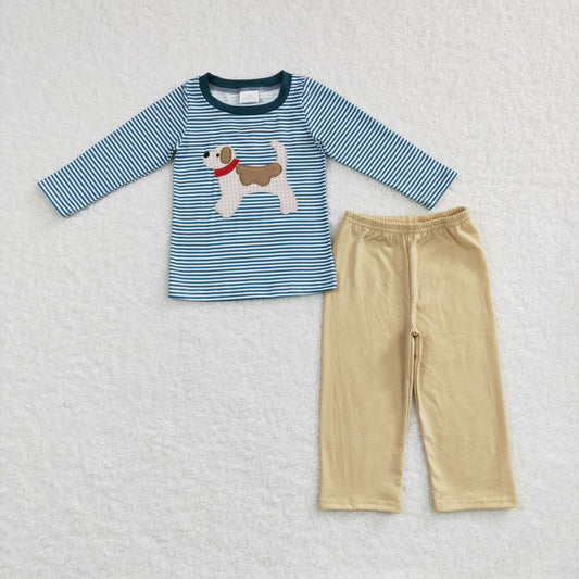 Sibling Embroidery Dogs Baby Boys Blue Stripe Shirt Pants Clothes Sets Footie Rompers