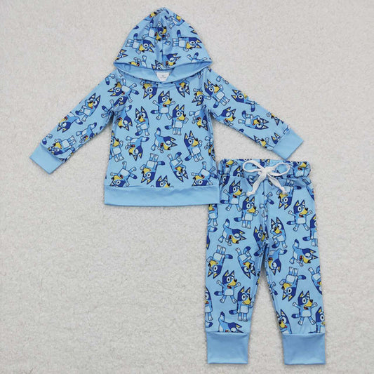 Sibling Baby Boys Hooded Blue Dogs Shirts Hooded Clothes Sets