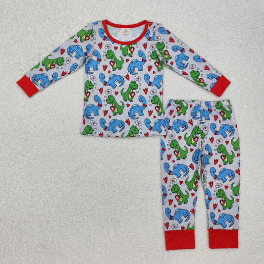 Sibling Baby Boys Hearts Dinosaurs Top Pants Valentine Pajamas Clothes Sets Zipper Footie Rompers