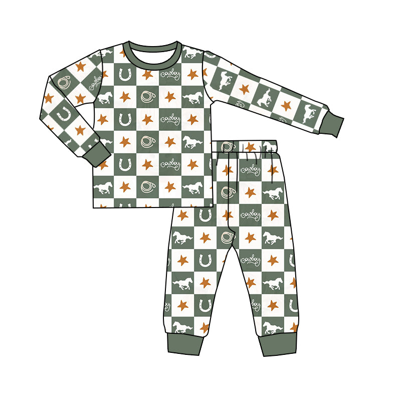 Baby Boys Western Horse Checkered Tee Top Pants Pajamas Clothes Sets Preorder