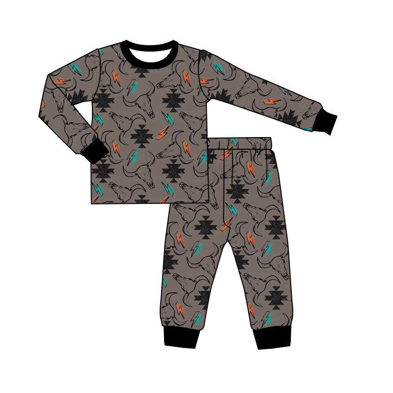 Baby Boys Western Grey Cows Aztec Tee Top Pants Pajamas Clothes Sets Preorder