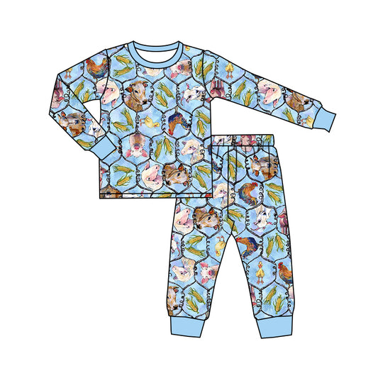 Baby Boys Cow Farm Blue Shirt Pants Pajamas Clothes Sets Preorder