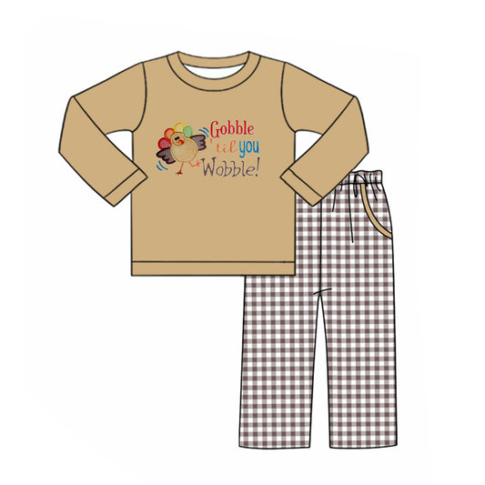 Baby Boys Thanksgiving Gobble Tee Checkered Pants Clothes Sets Preorder