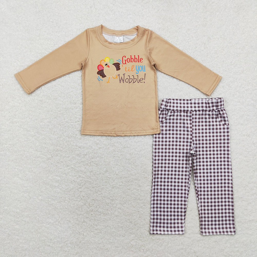 Baby Boys Thanksgiving Gobble Tee Checkered Pants Clothes Sets