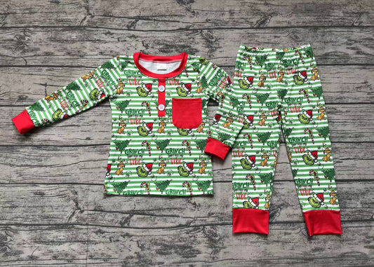 Baby Boys Christmas Green Face Pocket Shirt Pants Pajamas Clothes Sets