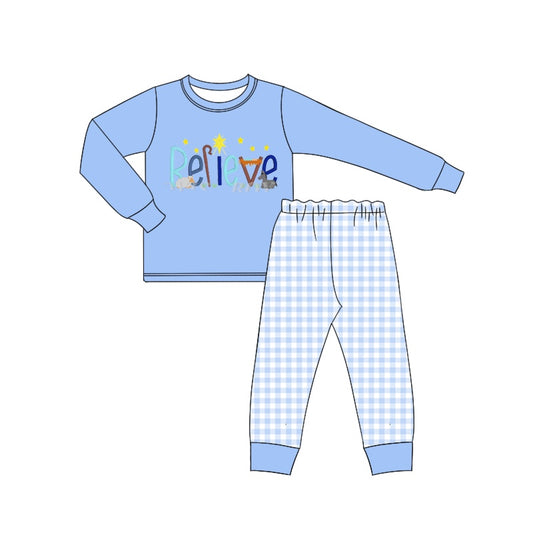 Baby Boys Blue Christmas Believe Top Checkered Pants Clothes Sets Preorder