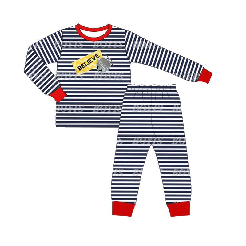 Baby Boys Blue Stripes Believe Tee Top Pants Pajamas Clothes Sets Preorder