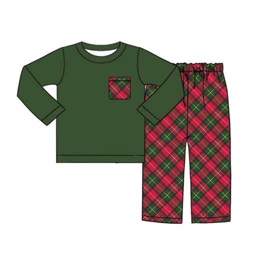 Baby Boys Christmas Green Red Checkered Tunic Top Pants Clothes Sets Preorder