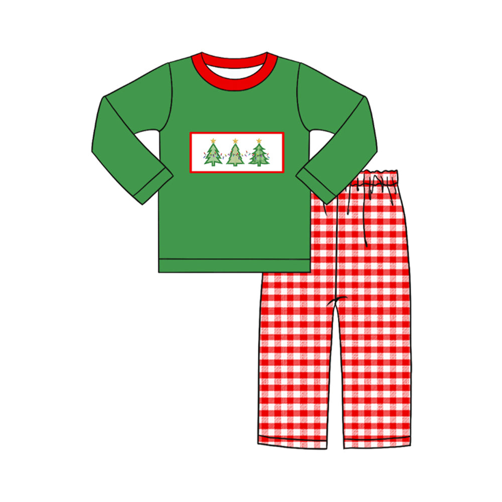 Baby Boys Christmas Tree Green Top Red Checkered Pants Clothes Sets Preorder