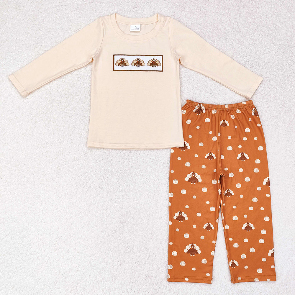 Baby Boys Thanksgiving Turkey Embroidery Top Pants Clothes Sets