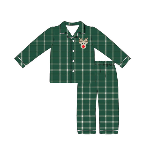 Baby Girls Christmas Checkered Deer Buttons Top Pants Pajamas Clothes Sets Preorder