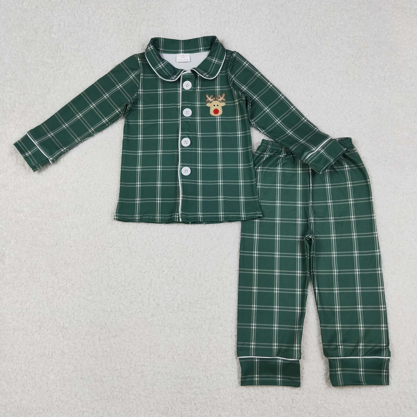Embroidery Deer Mama and Me Green Checked Christmas Sleep Wear Pajamas Ruffle Dresses