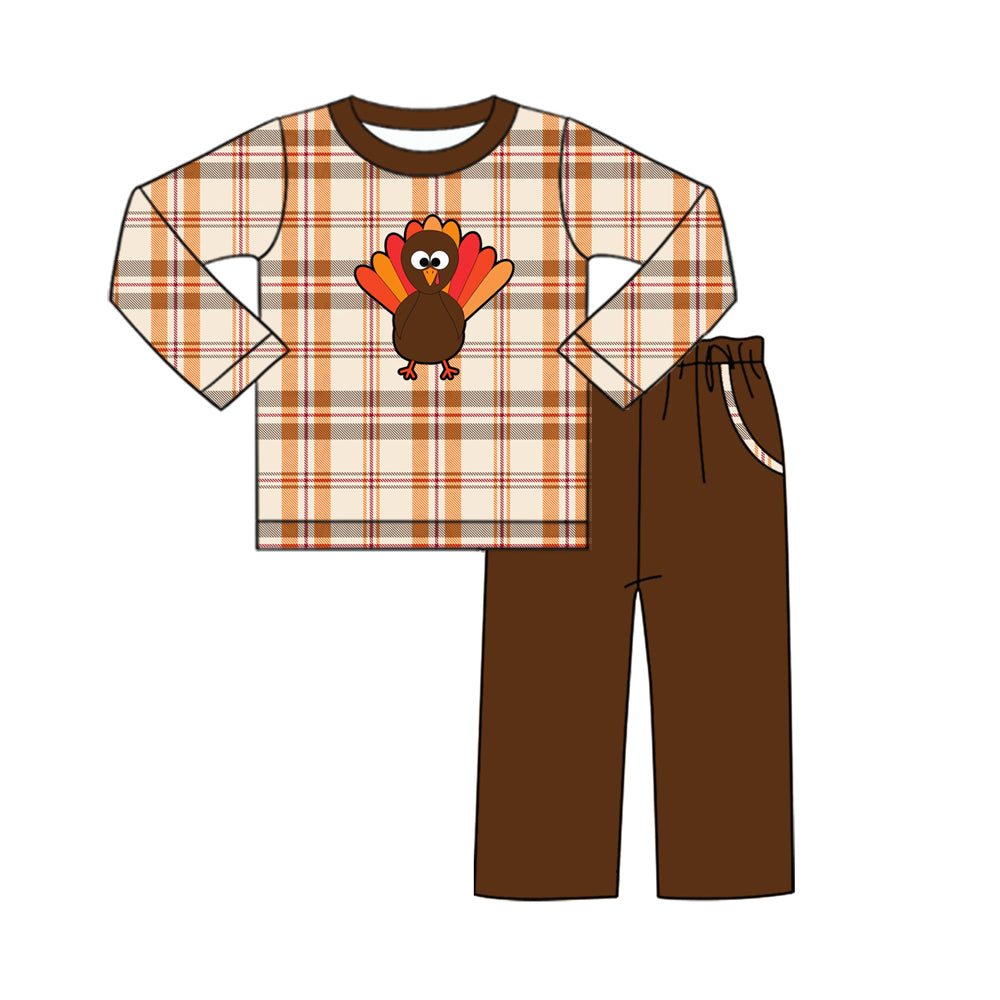 Baby Boys Brown Checkered Turkey Shirt Pockets Pants Clothes Sets Preorder