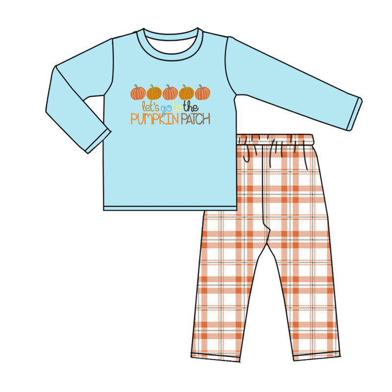 Baby Boys Fall Pumpkin Top Checkered Pants Clothes Sets Preorder