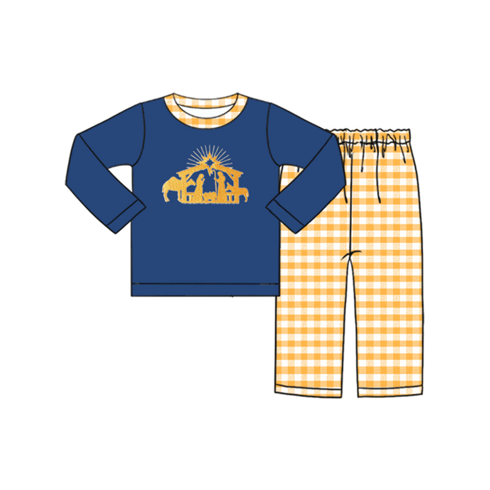 Baby Boys Christmas Blue Nativity Top Checkered Pants Clothes Sets Preorder