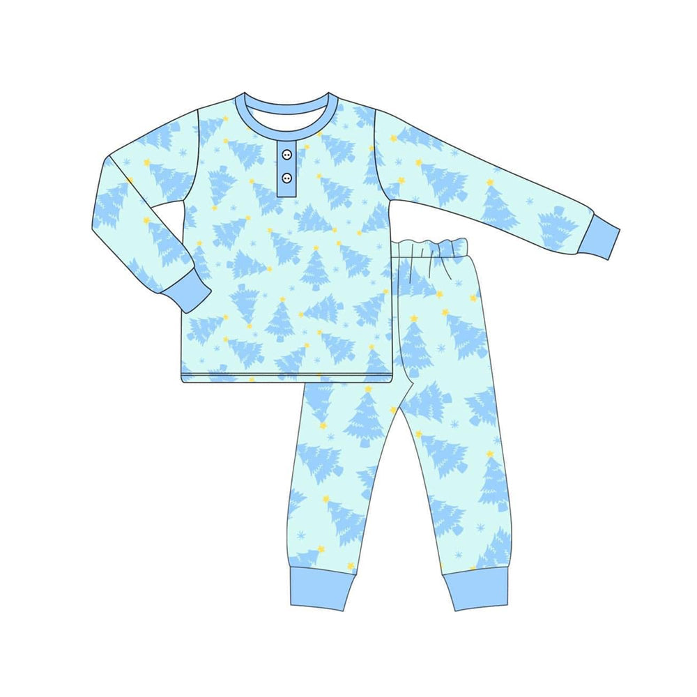 Baby Boys Christmas Blue Trees Top Pants Pajamas Clothes Sets Preorder