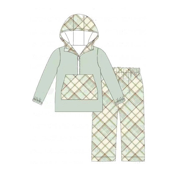 Baby Boys Green Hooded Top Checkered Pants Clothes Sets Preorder