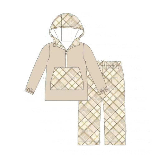 Baby Boys Khaki Hooded Top Checkered Pants Clothes Sets Preorder