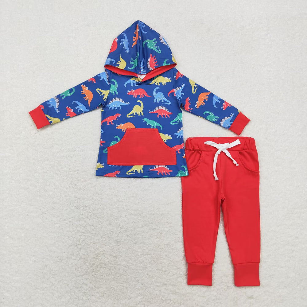 Baby Boys Navy Dinosaurs Hooded Top Pants Clothes Sets