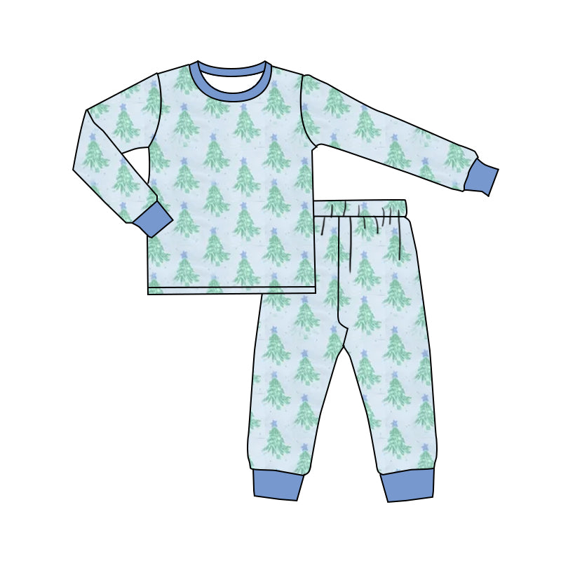 Baby Boys Christmas Tree Blue Top Pants Pajamas Clothes Sets Preorder