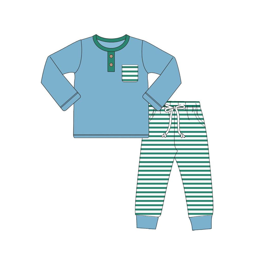 Baby Boys Blue Green Stripes Pocket Tee Shirt Pants Pajamas Clothes Sets Preorder