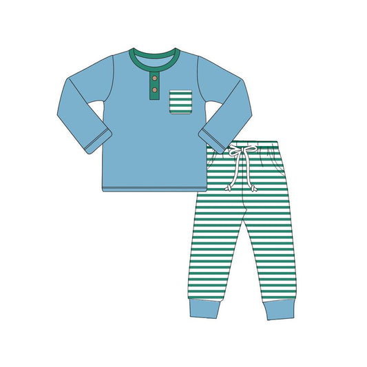 Baby Boys Blue Green Stripes Pocket Tee Shirt Pants Pajamas Clothes Sets Preorder